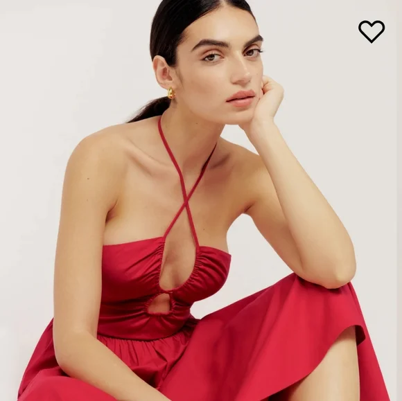 Reformation Stassie Sleeveless Halter Tie Midi Dress in Cherry Red - Picture 5 of 16